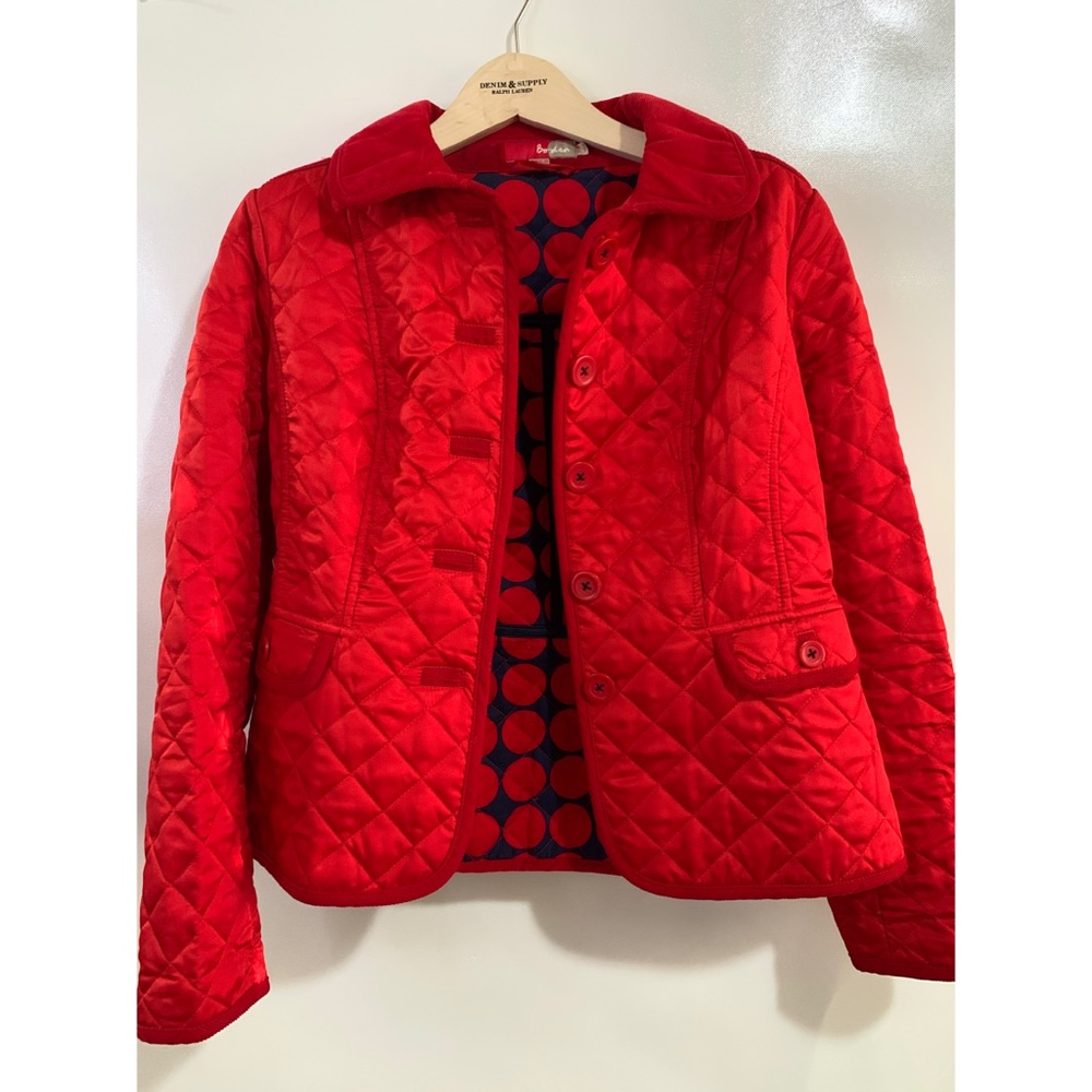 Boden Red Quilted Jacket Button Up Polka Dot Lined